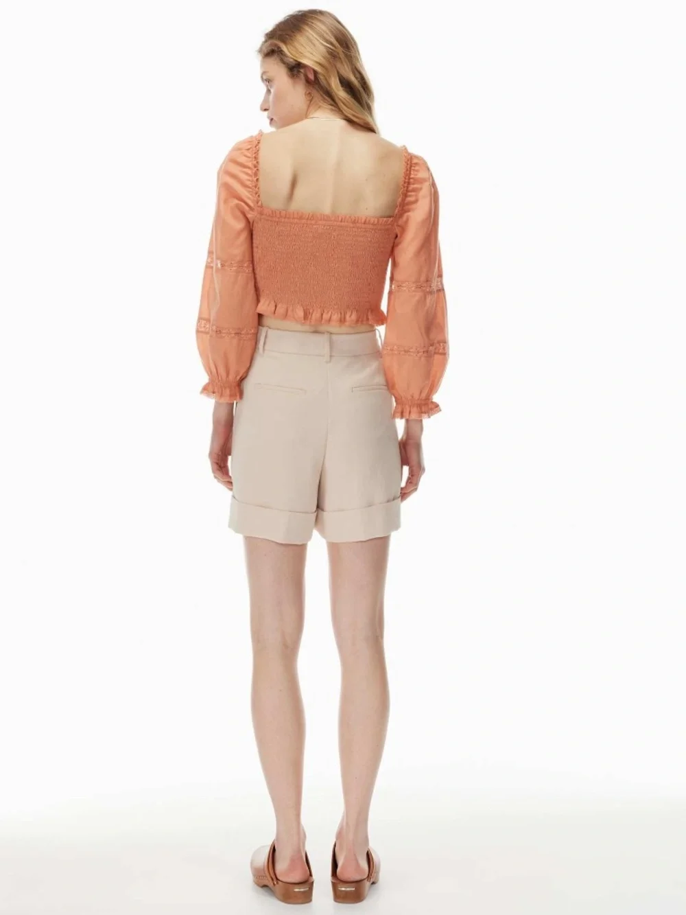 Aritzia Wilfred Smocked Square Neck White Long Sleeve Crop Top XS